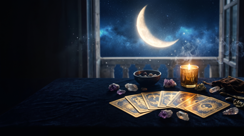 Person reading a Moon-Stacked review with six cards laid out on a table